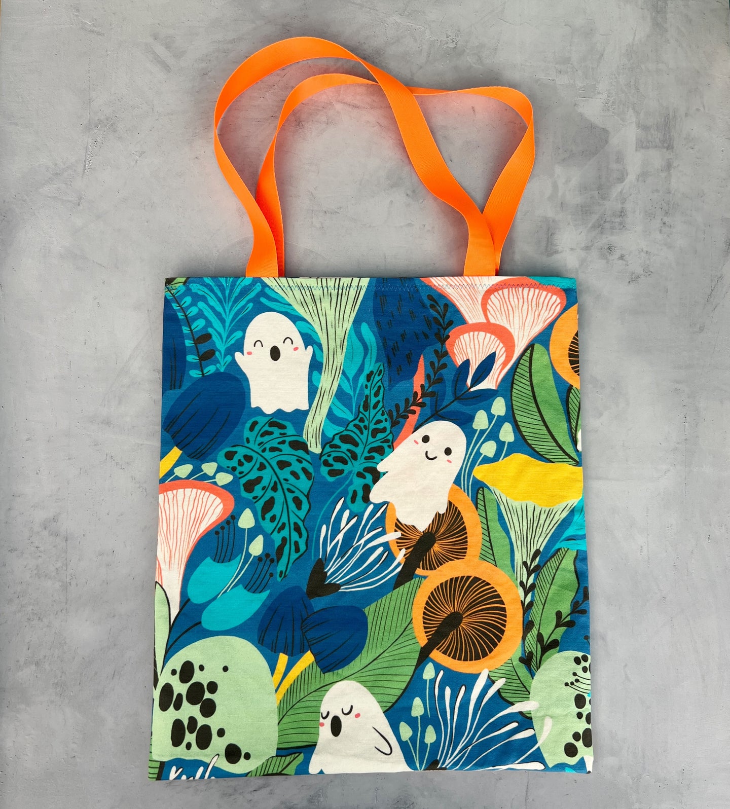 blue ghosties and mushies tote