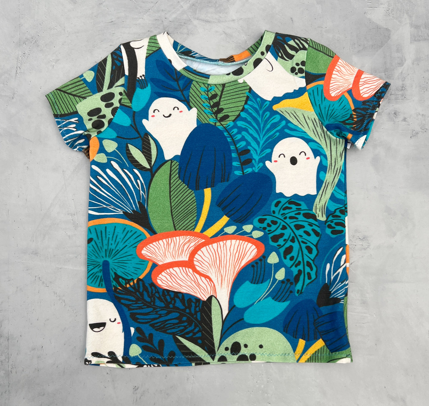 blue ghosts and mushies tee