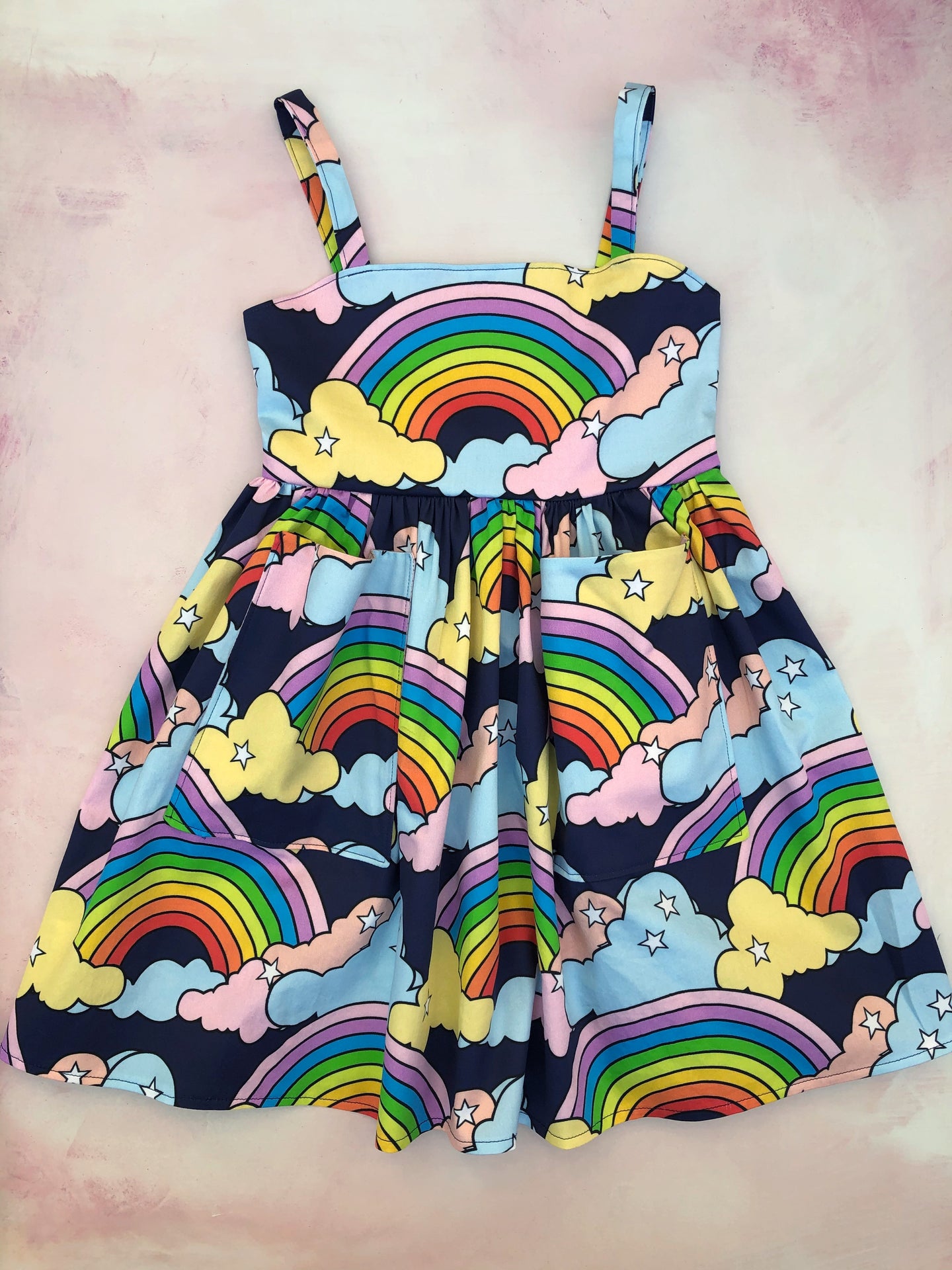 Ruby dress- navy with rainbows- custom