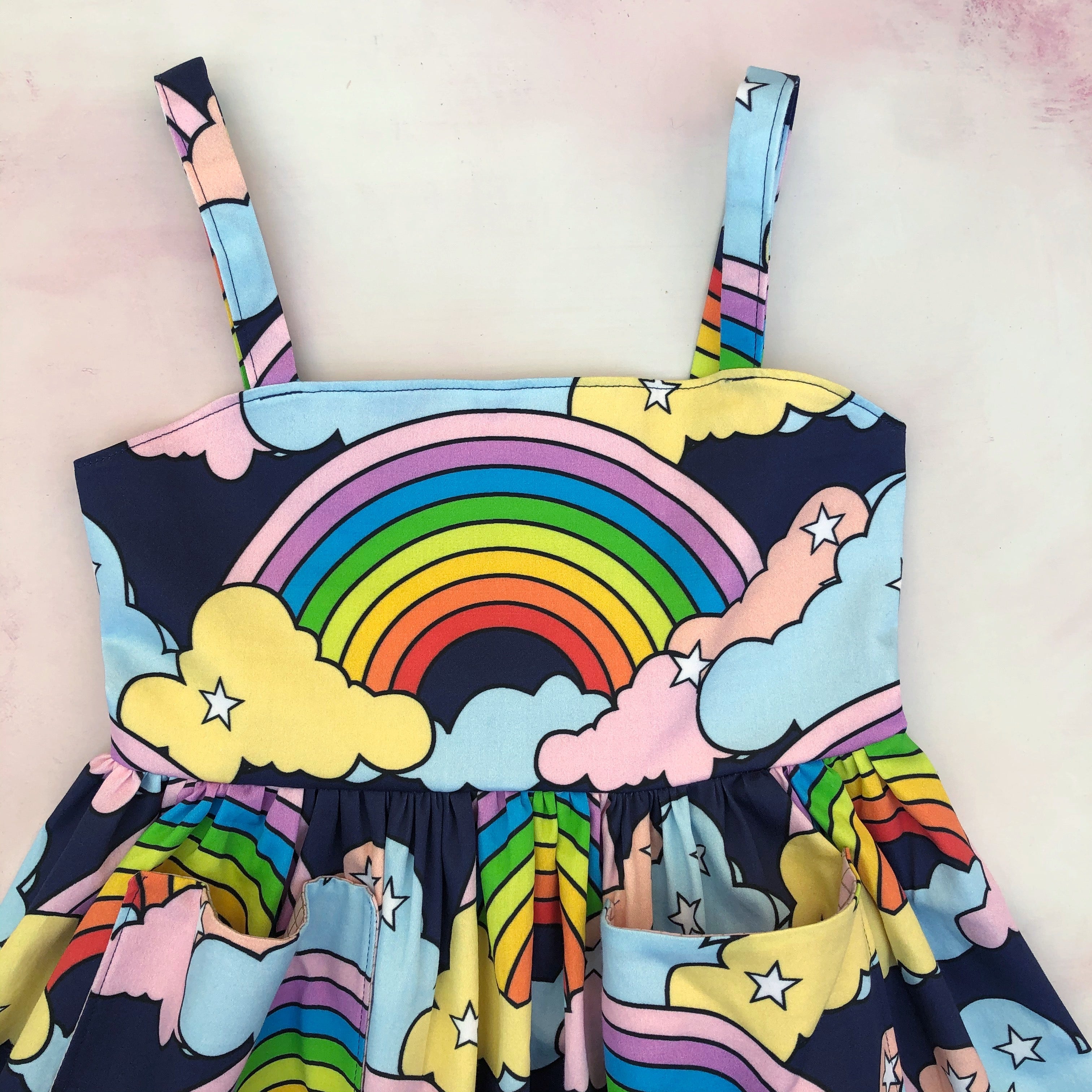 Ruby dress- navy with rainbows- custom