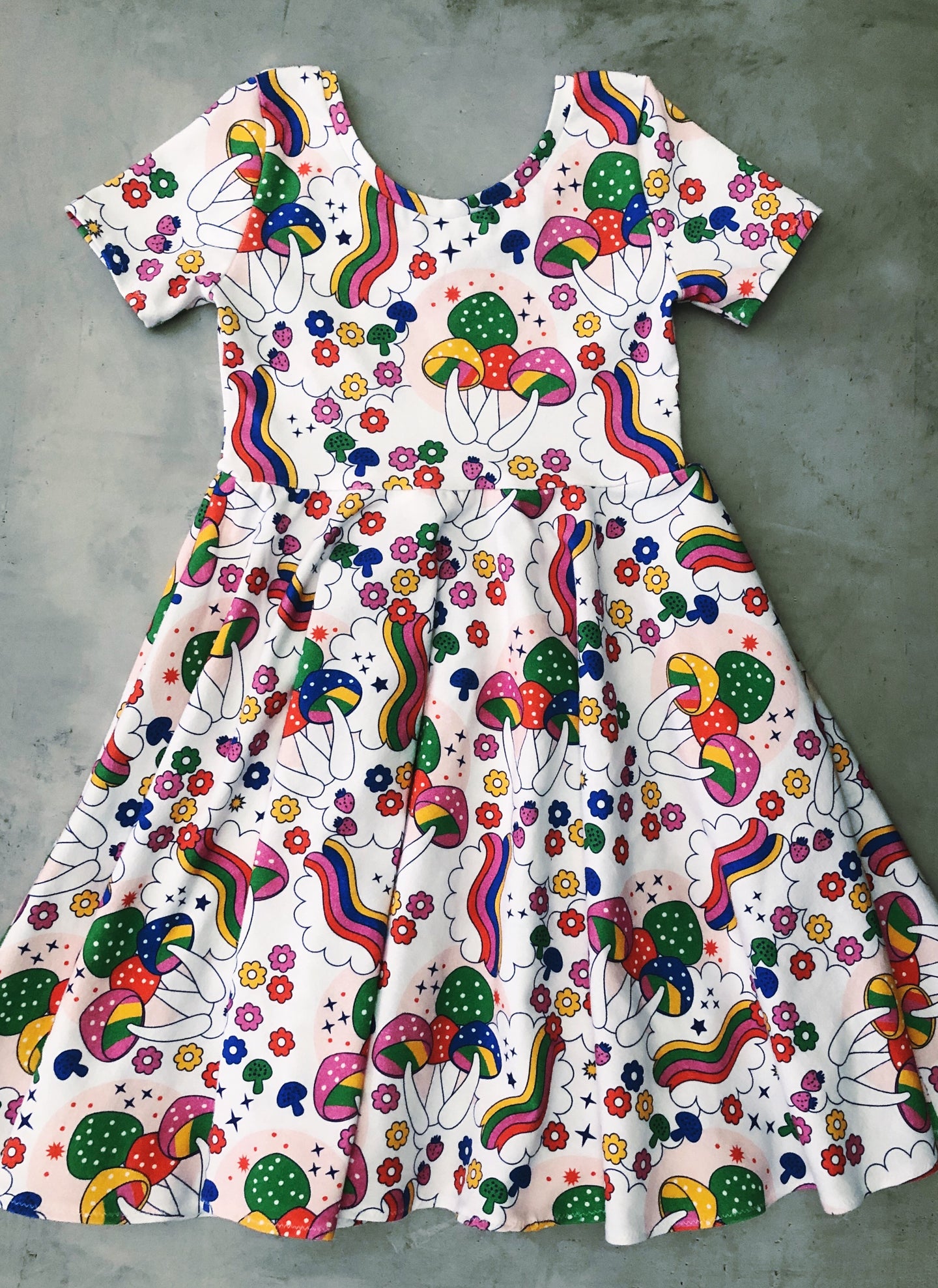 Greta twirl dress- rainbows and mushrooms- custom