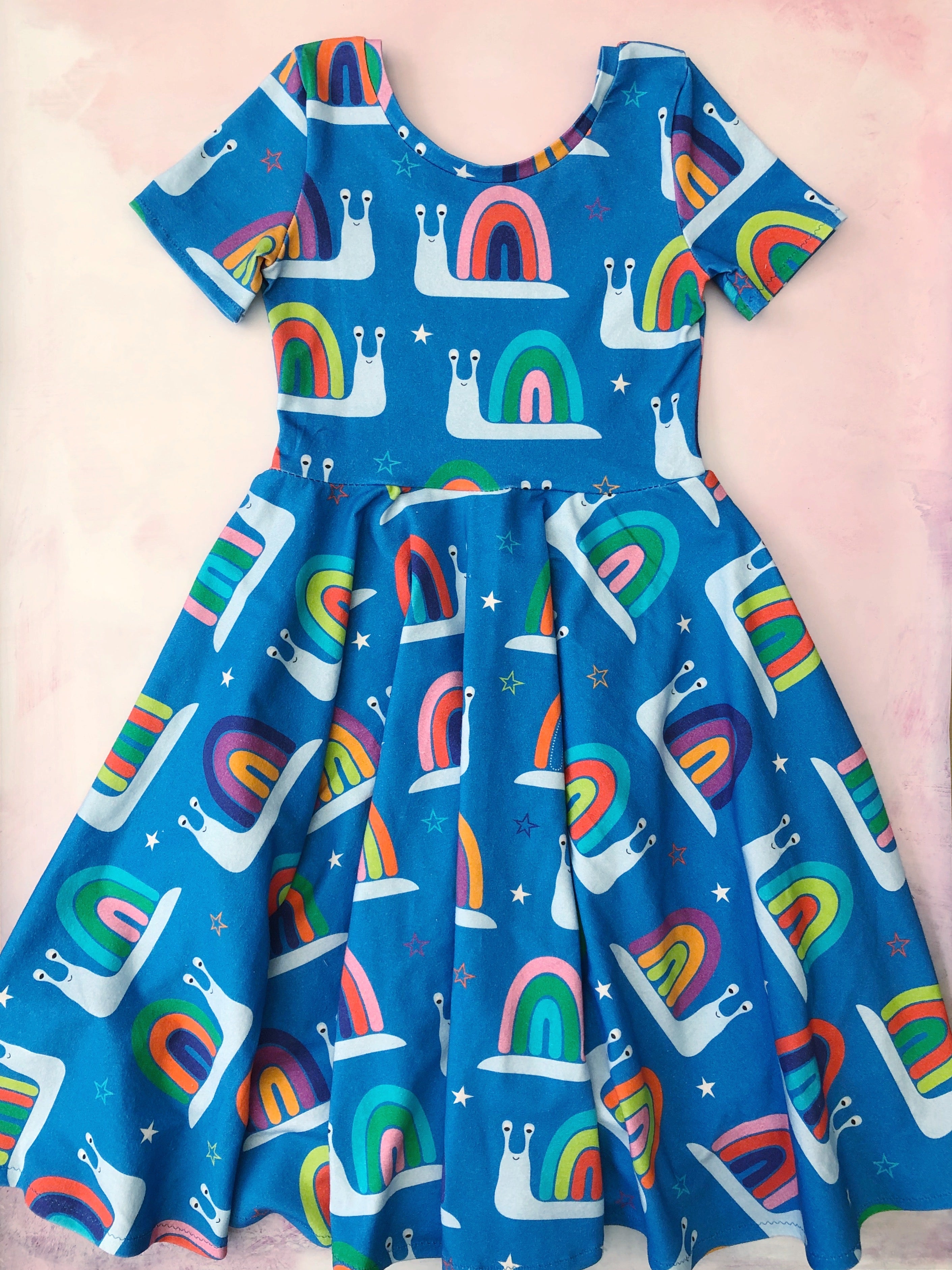 Greta twirl dress- blue snails- custom